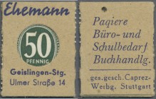 Deutschland - Briefmarkennotgeld. Geislingen, Ehemann Bürobedarf, 50 Pf. Ziffer Kontrollrat (ca. 1947), Einheitsausgabe der Fa. Caprez-Werbung Stuttga...