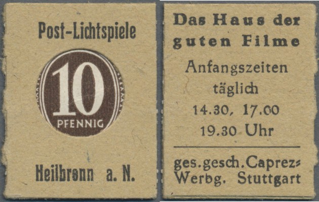 Deutschland - Briefmarkennotgeld. Heilbronn, Post-Lichtspiele, 10 Pf. Ziffer Kon...