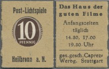 Deutschland - Briefmarkennotgeld. Heilbronn, Post-Lichtspiele, 10 Pf. Ziffer Kontrollrat (ca. 1947), Einheitsausgabe der Fa. Caprez-Werbung Stuttgart ...