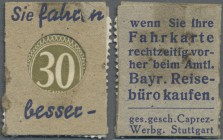 Deutschland - Briefmarkennotgeld. München, Bayr. Reisebüro, 30 Pf. Ziffer Kontrollrat (ca. 1947), Einheitsausgabe der Fa. Caprez-Werbung Stuttgart in ...