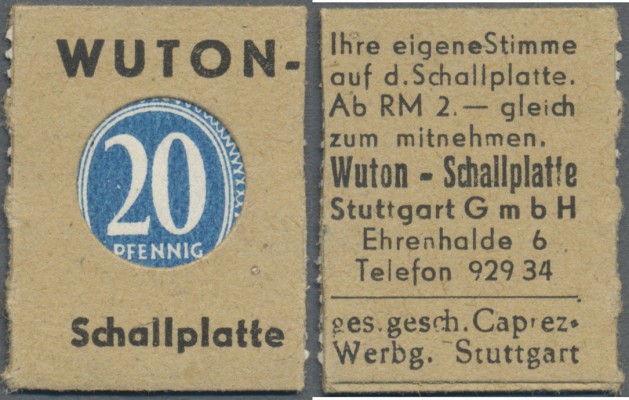 Deutschland - Briefmarkennotgeld. Stuttgart, WUTON-Schallplatte, 20 Pf. Ziffer K...
