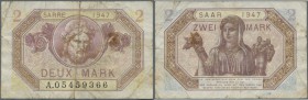 Deutschland - Nebengebiete Deutsches Reich. 2 Mark 1947, Ro.868, eine der seltensten Ausgaben der Banknoten des Saarlandes in stärker gebrauchter Erha...