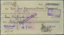 Deutschland - Notgeld - Württemberg. Alpirsbach, M. Beisse, 7 Mrd. Mark, 18.9.1923, Scheck des Spar- und Vorschuss-Verein Alpirsbach, Ort und Datum ge...