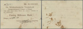 Deutschland - Notgeld - Württemberg. Ebingen, Consum-Verein, 50 Mio. Mark, 13.10.1923 (Datum handschriftlich), Scheck auf Württembergische Vereinsbank...