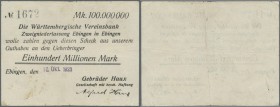 Deutschland - Notgeld - Württemberg. Ebingen, Gebrüder Haux, 100 Mio. Mark, 10.10.1923 (Datum gestempelt), Scheck auf Württ. Vereinsbank Ebingen, Erh....