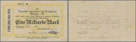 Deutschland - Notgeld - Württemberg. Neresheim, Härtsfeldwerke, 1 Mrd. Mark, 26.10. (gestempelt) 1923, Scheck auf Bayerische Hypotheken- und Wechselba...