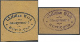 Deutschland - Notgeld - Württemberg. Nürtingen, Christian Wick, Milchsammelstelle, 2 Scheine, o. D. (1919/20), einmal rs. ”1” (Pf.), einmal rs. ohne W...