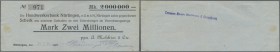 Deutschland - Notgeld - Württemberg. Nürtingen, A. Melchior & Cie., 2 Mio. Mark, 28.8.1923 (Datum gestempelt), Scheck auf Handwerkerbank Nürtingen, Au...