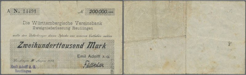 Deutschland - Notgeld - Württemberg. Reutlingen, Emil Adolff A.G., 200 Tsd. Mark...