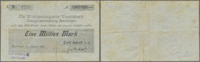 Deutschland - Notgeld - Württemberg. Reutlingen, Emil Adolff A.G., 1 Mio. Mark, 18.8.1923, Scheck auf Württembergische Vereinsbank, leicht fleckig, Er...