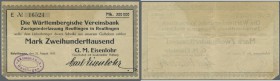 Deutschland - Notgeld - Württemberg. Reutlingen, G. M. Eisenlohr, 200 Tsd. Mark, 25.8.1923, Scheck auf Württembergische Vereinsbank, Schein rundum jew...
