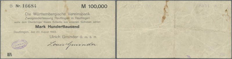 Deutschland - Notgeld - Württemberg. Reutlingen, Ulrich Gminder GmbH, 100 Tsd. M...