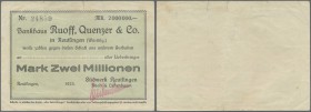 Deutschland - Notgeld - Württemberg. Reutlingen, Südwerk Reutlingen Rüedi & Eichenbaum, 2 Mio. Mark, o. D. (1923 gedruckt), Scheck auf Bankhaus Ruoff,...