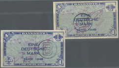 Deutschland - Bank Deutscher Länder + Bundesrepublik Deutschland. 2 Banknoten zu 1 DM 1948 mit B-Stempel, Ro.233a, beide gebraucht mit leicht vergilbt...