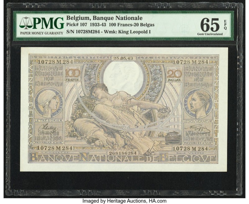 Belgium Banque Nationale de Belgique 100 Francs-20 Belgas 25.5.1943 Pick 107 PMG...