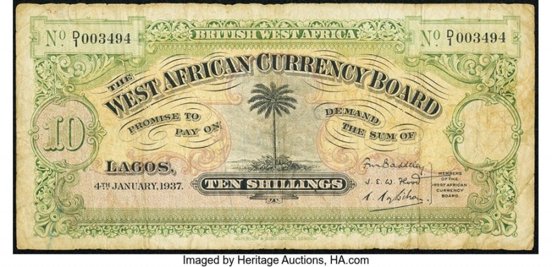 British West Africa West African Currency Board 10 Shillings 1937 Pick 7b Fine. ...