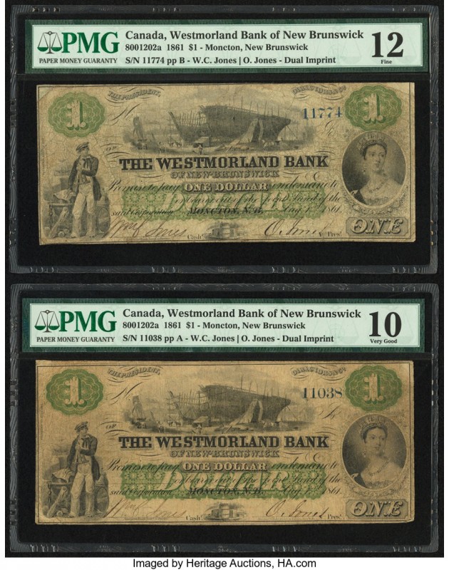 Canada Moncton, NB- Westmorland Bank $1 1.8.1861 Ch.# 800-12-02a Two Examples PM...