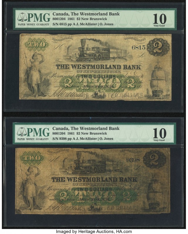 Canada Moncton, NB- Westmorland Bank $2 1.8.1861 Ch.# 800-12-04 Two Examples PMG...