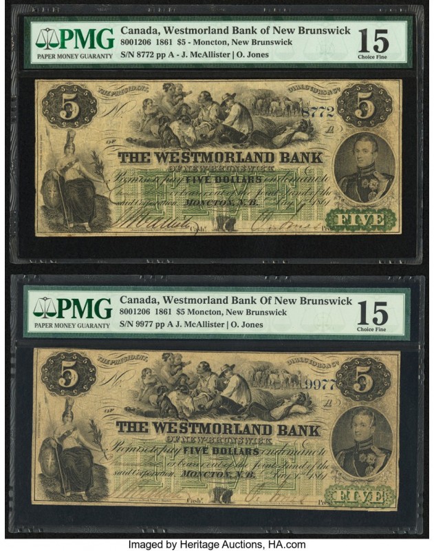 Canada Moncton, NB- Westmorland Bank $5 1.8.1861 Ch.# 800-12-06 Two Examples PMG...