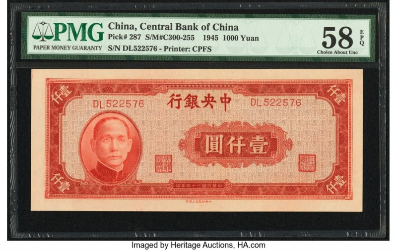 China Central Bank of China 1000 Yuan 1945 Pick 287 S/M#C300-255 PMG Choice Abou...