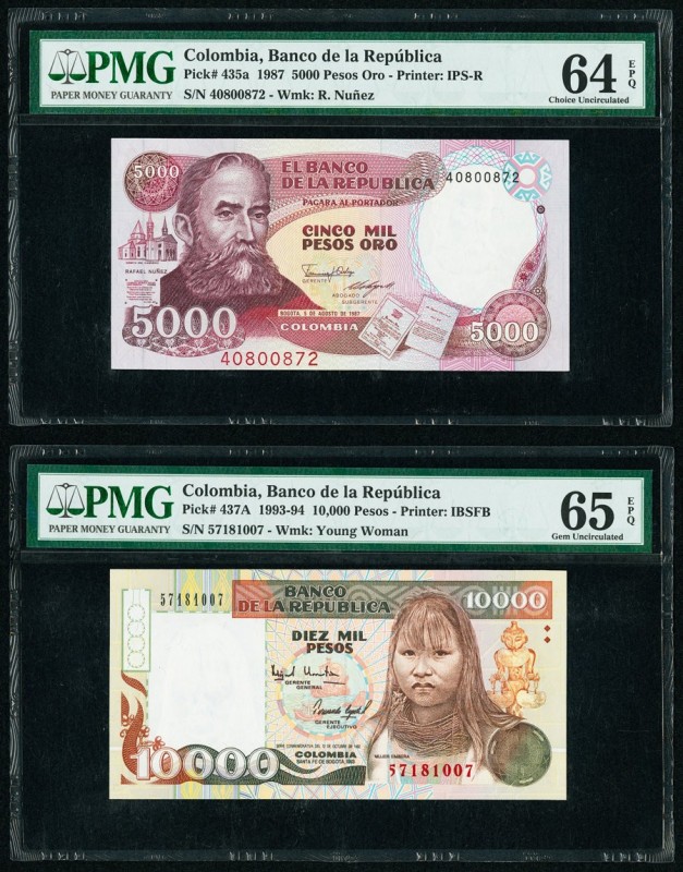 Colombia Banco de la Republica 5000; 10,000 Pesos Oro 5.8.1987; 12.10.1993 Pick ...