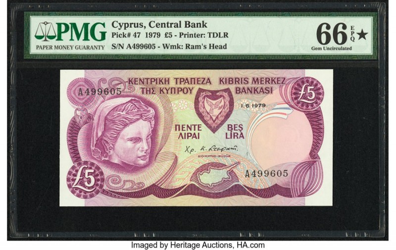 Cyprus Central Bank of Cyprus 5 Pounds 1.6.1979 Pick 47 PMG Gem Uncirculated 66 ...