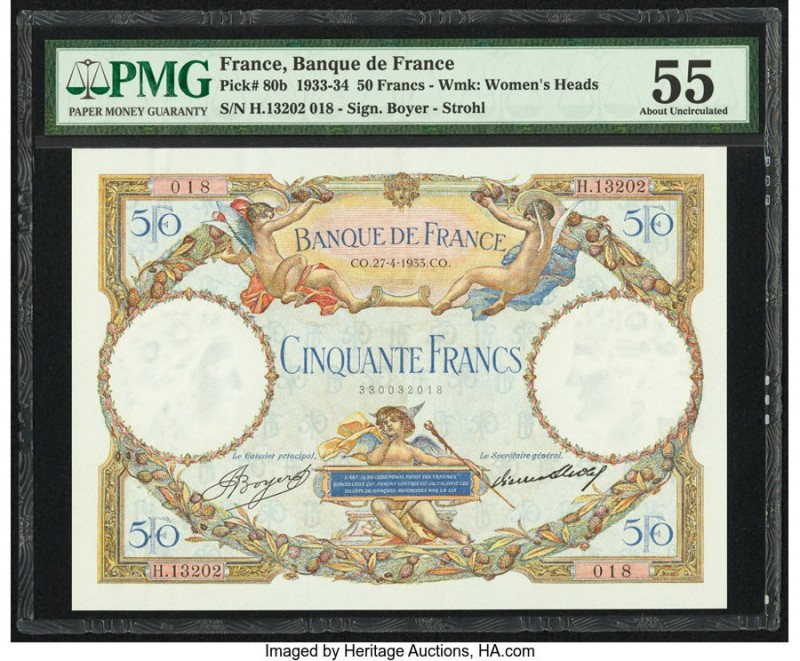 France Banque de France 50 Francs 27.4.1933 Pick 80b PMG About Uncirculated 55. ...
