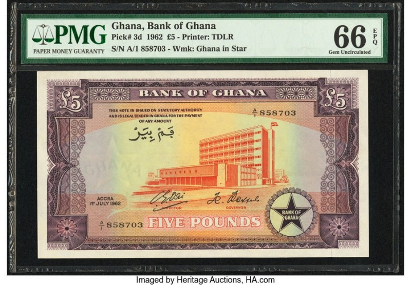 Ghana Bank of Ghana 5 Pounds 1.7.1962 Pick 3d PMG Gem Uncirculated 66 EPQ. 

HID...
