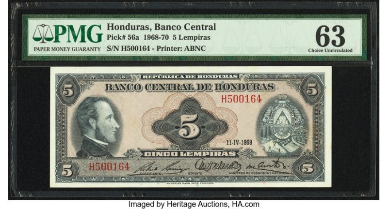 Honduras Banco Central de Honduras 5 Lempiras 11.4.1969 Pick 56a PMG Choice Unci...