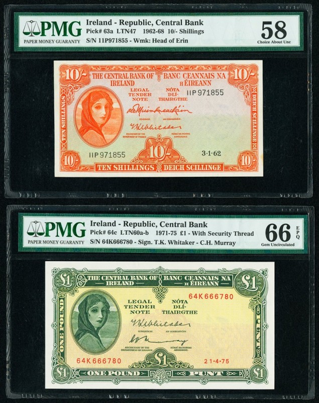 Ireland Central Bank of Ireland 10 Shillings; 1 Pound 3.1.1962; 21.4.1975 Pick 6...