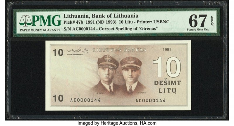 Lithuania Bank of Lithuania 10 Litu 1991 (ND 1993) Pick 47b PMG Superb Gem Unc 6...
