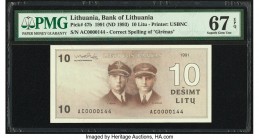 Lithuania Bank of Lithuania 10 Litu 1991 (ND 1993) Pick 47b PMG Superb Gem Unc 67 EPQ. Serial number 0000144.

HID09801242017

© 2020 Heritage Auction...
