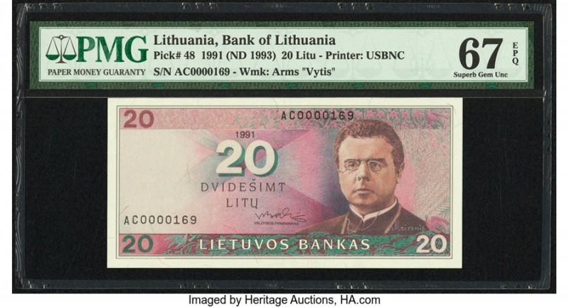 Lithuania Bank of Lithuania 20 Litu 1991 (ND 1993) Pick 48 PMG Superb Gem Unc 67...