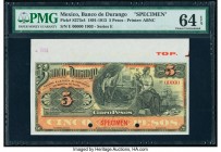 Mexico Banco de Durango 5 Pesos 1891-1913 Pick S273s4 Specimen PMG Choice Uncirculated 64 EPQ. Selvage included; red Specimen overprint; two POCs.

HI...