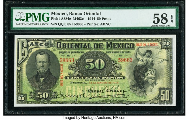 Mexico Banco Oriental 50 Pesos 14.3.1914 Pick S384c M463c PMG Choice About Unc 5...