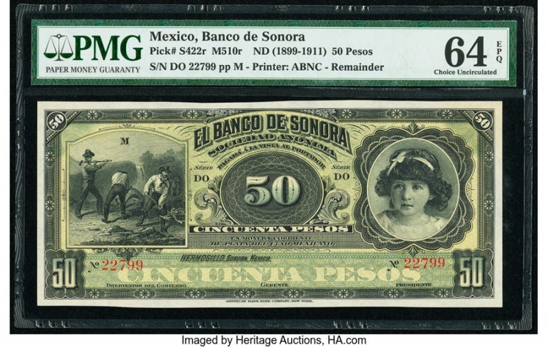 Mexico Banco de Sonora 50 Pesos ND (1899-1911) Pick S422r M510r Remainder PMG Ch...