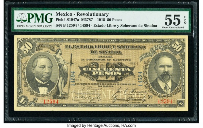 Mexico El Estado Libre y Soberano de Sinaloa 50 Pesos 1915 Pick S1047a PMG About...