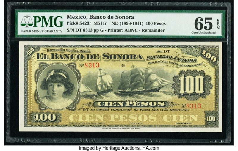 Mexico Banco de Sonora 100 Pesos ND (1898-1911) Pick S423r M511r Remainder PMG G...