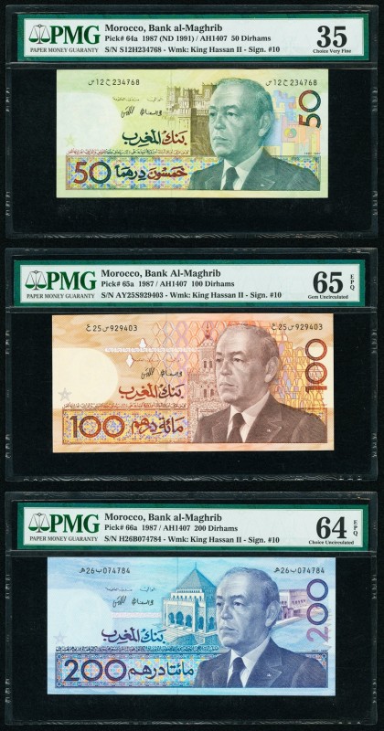 Morocco Bank Al-Maghrib 50; 100; 200 Dirhams 1987 Pick 64a; 65a; 66a Three Examp...