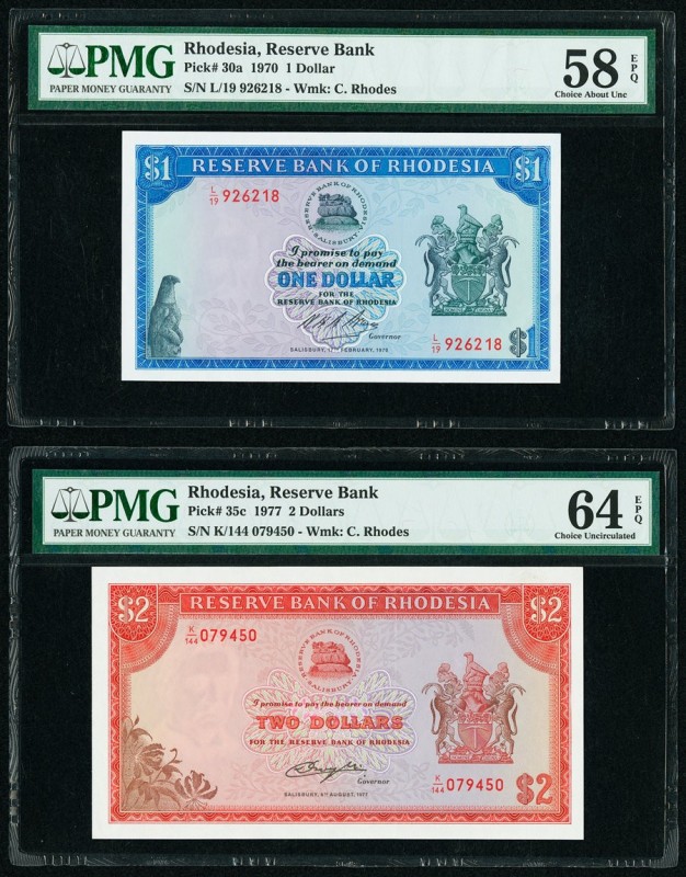 Rhodesia Reserve Bank of Rhodesia 1; 2 Dollars 17.2.1970; 5.8.1977 Pick 30a; 35c...