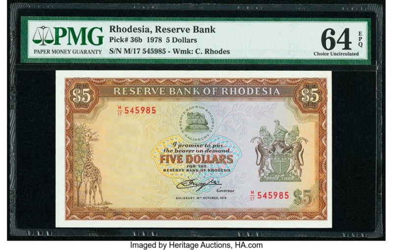 Rhodesia Reserve Bank of Rhodesia 5 Dollars 20.10.1978 Pick 36b PMG Choice Uncir...