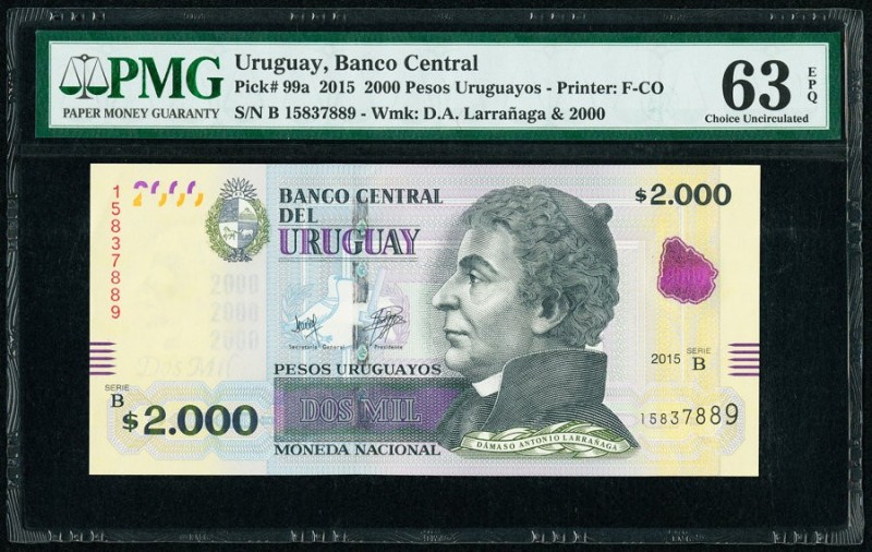 Uruguay Banco Central Del Uruguay 2000 Pesos Uruguayos 2015 Pick 99a PMG Choice ...