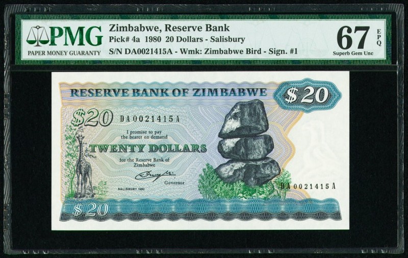 Zimbabwe Reserve Bank of Zimbabwe 20 Dollars 1980 Pick 4a PMG Superb Gem Unc 67 ...