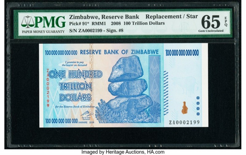 Zimbabwe Reserve Bank of Zimbabwe 100 Trillion Dollars 2008 Pick 91* Replacement...