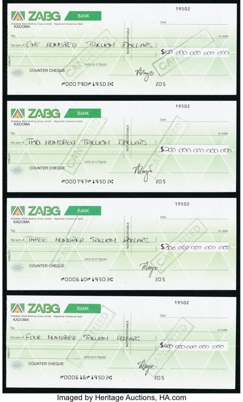 Zimbabwe Zimbabwe Allied Bank 100; 200; 300; 400 Trillion Group of 4 checks Choi...