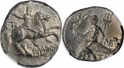 ITALY. Calabria. Tarentum. AR Nomos (6.75 gms), ca. 240-228 B.C. NGC MS, Strike: 4/5 Surface: 5/5.
Vlasto-963-70; HN Italy-1059. Warrior, with head f...