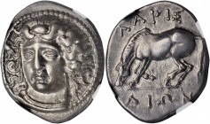 THESSALY. Larissa. AR Drachm (5.97 gms), ca. 365-356 B.C. NGC Ch EF, Strike: 5/5 Surface: 4/5.
BCD Thessaly II-288; HGC-4, 452. Obverse: Head of the ...