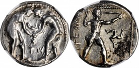 PAMPHYLIA. Aspendos. AR Stater, ca. 380/75-ca. 330/25 B.C. NGC Ch VF.
Tekin-series 4; SNG BN-Unlisted; SNG von Aulock-4556. Obverse: Two wrestlers gr...
