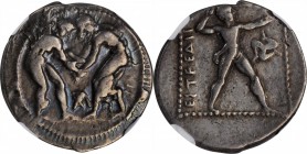 PAMPHYLIA. Aspendos. AR Stater, ca. 380/75-330/25 B.C. NGC Ch F.
Tekin-series 4; SNG BN-Unlisted; SNG von Aulock-Unlisted. Obverse: Two wrestlers gra...