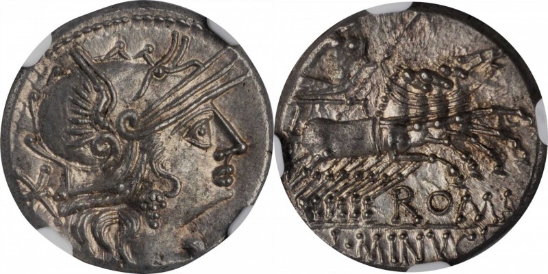 ROMAN REPUBLIC. L. Minucius. AR Denarius (4.00 gms), Rome Mint, 133 B.C. NGC Ch ...